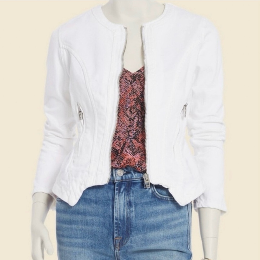 Blank NYC White Part Time Lover Peplum Denim Moto Jacket, Small NWT